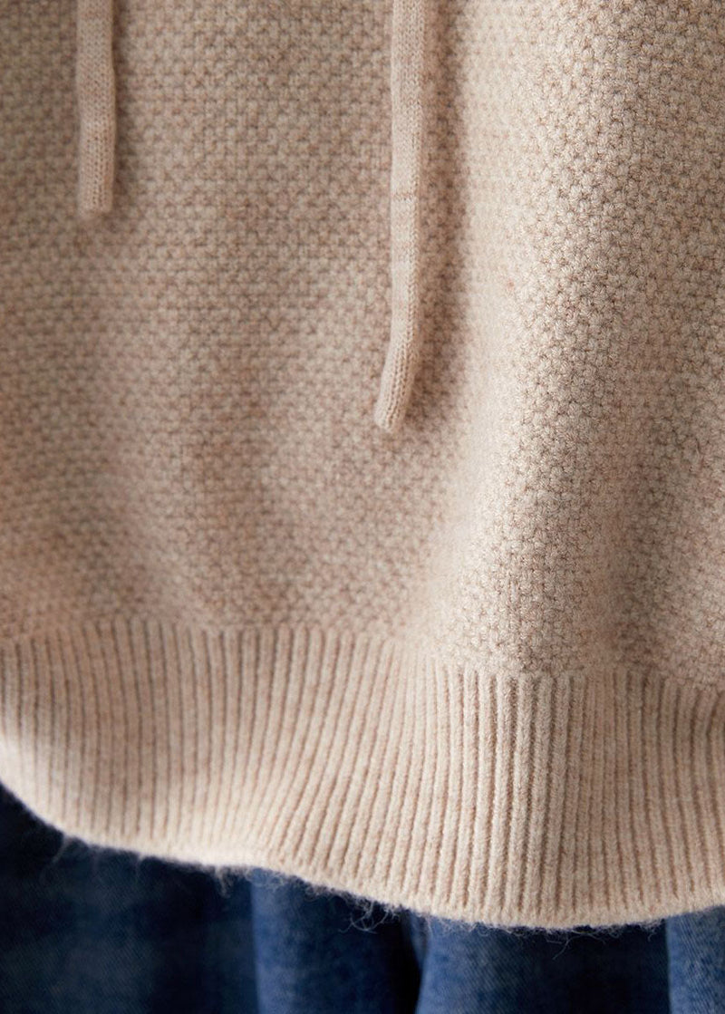 Beige Hooded Drawstring Knit Sweatshirts Top Spring