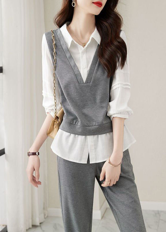Grey Peter Pan Collar Tops and Pants Cotton Two-piece Set Fall