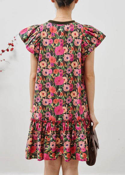French Rose Cotton Mini Dresses Petal Sleeve