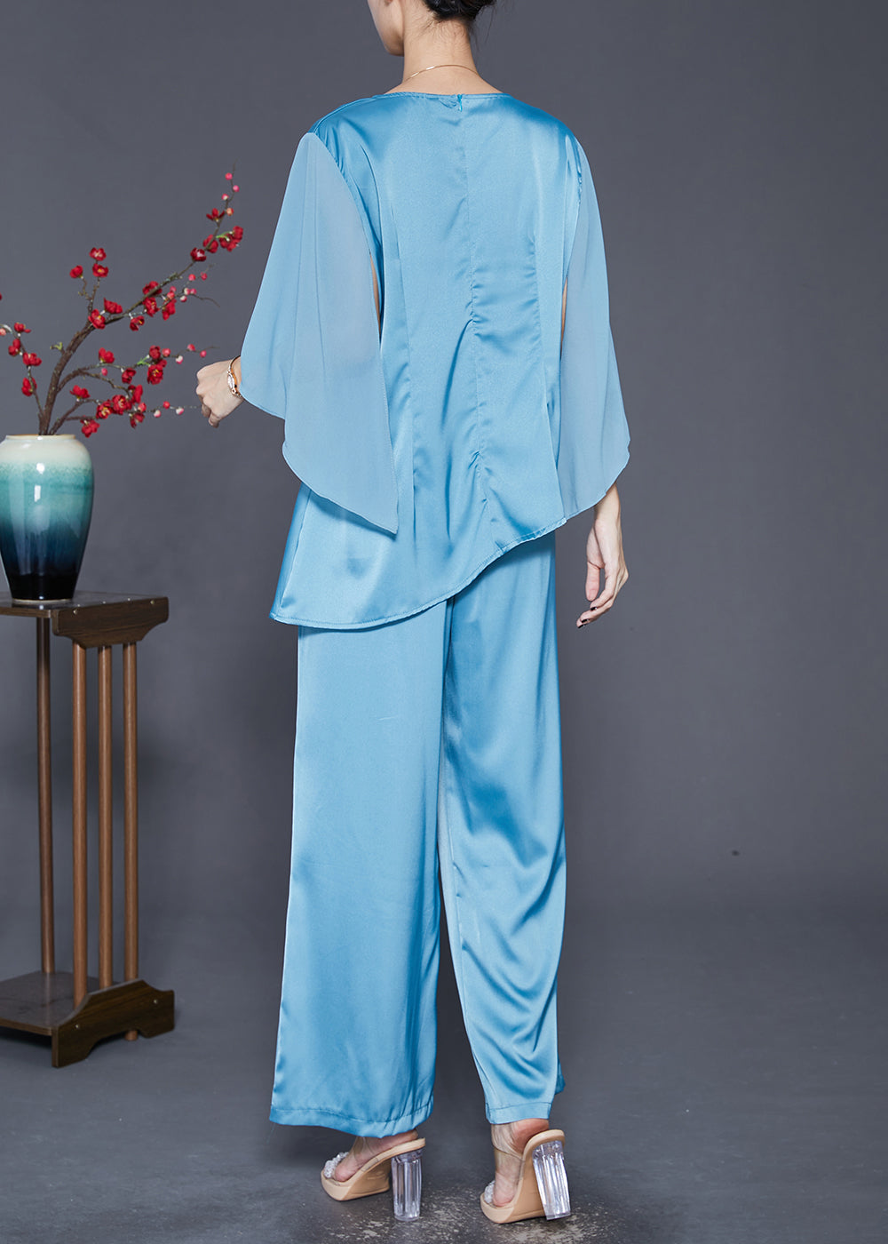 Lake Blue Asymmetrical Wrinkled Silk Two Pieces Set Fall