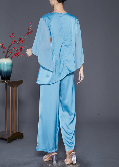Lake Blue Asymmetrical Wrinkled Silk Two Pieces Set Fall