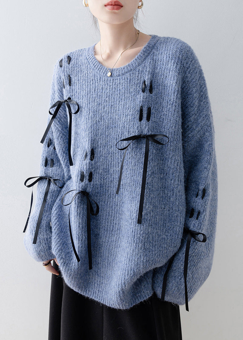 Style Blue O Neck Bow Knit Sweaters Spring