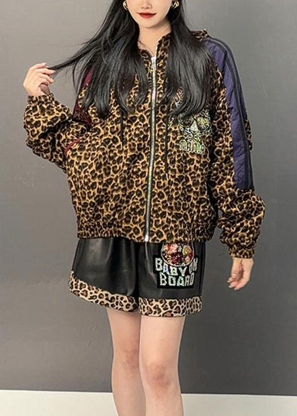 Leopard Patchwork Zippered Hoodies Coats Spring