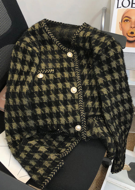 Black Plaid Pockets Patchwork Mink Hair Knitted Coat Fall