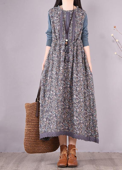 Blue Patchwork Print Dresses O Neck Lace Robe Spring Dresses