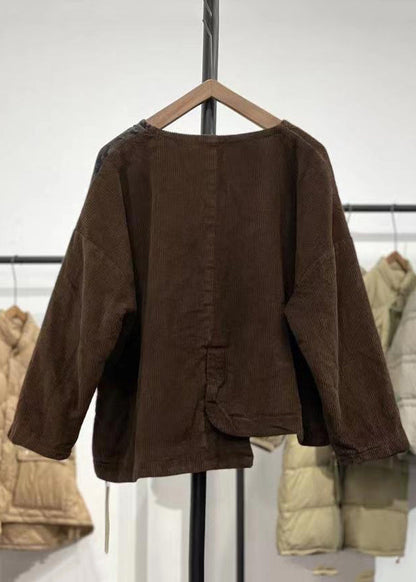 Coffee Asymmetrical Patchwork Corduroy Tops Fall