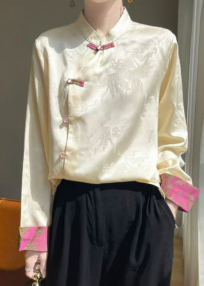 Champagne Stand Collar Button Silk Shirts Fall