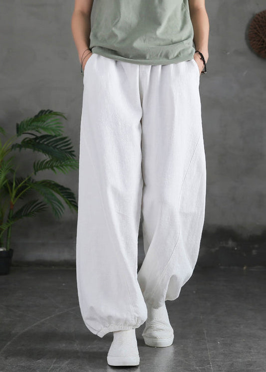 New White Pockets High Waist Cotton Beam Pants