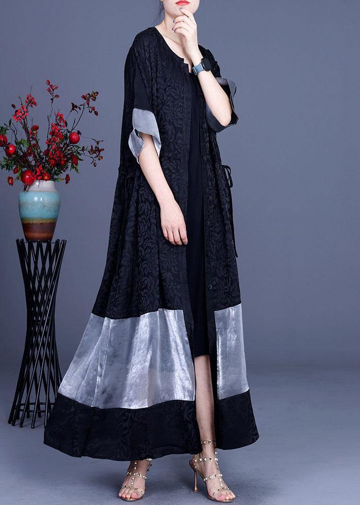 Black Jacquard Patchwork Silk Cardigans Long