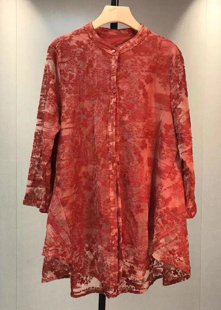 Red Embroideried Button Patchwork Lace Shirt Fall