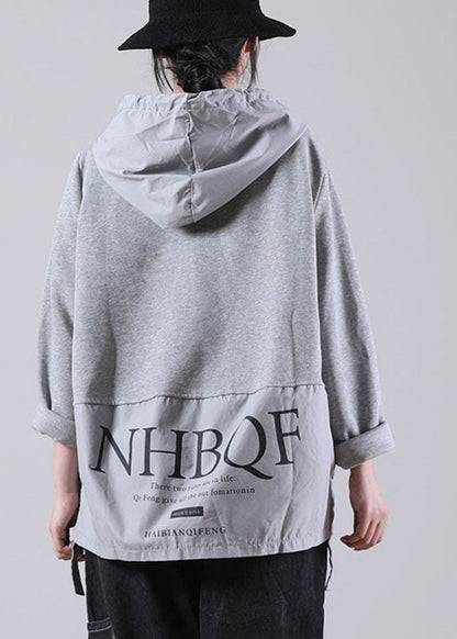 Comfy Grey Hooded Drawstring Graphic Fall Patchwork Sweatshirts Top