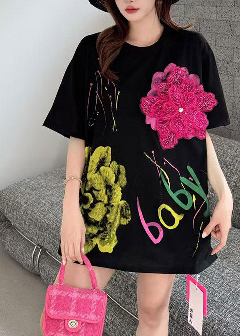 Black Graffiti Print Cotton Tanks Decorated Summer