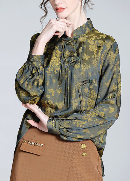 Yellow Green Print Button Silk Tops Long Sleeve