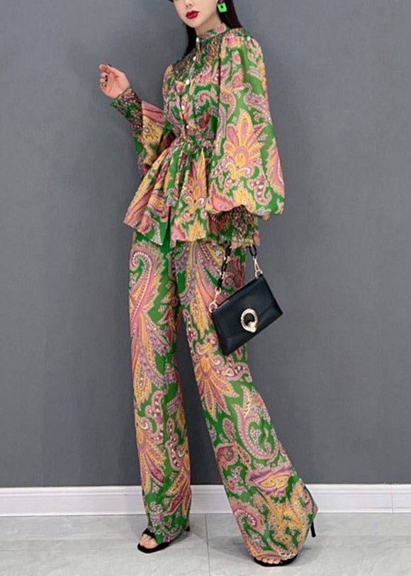 Stand Collar Wrinkled Print Chiffon Shirts and Wide Leg Pants Two Pieces Set Lantern Sleeve