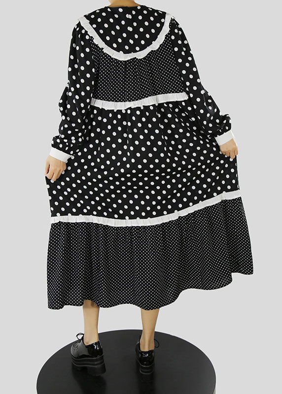 Black Ruffles Zip Up Dot Patchwork Maxi Dresses Spring