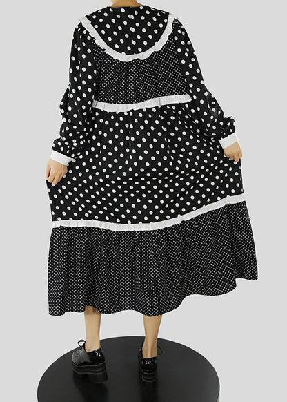 Black Ruffles Zip Up Dot Patchwork Maxi Dresses Spring