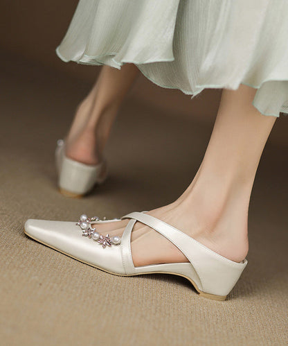 Pink Wedge Sheepskin Splicing Slide Sandals Zircon Nail Bead