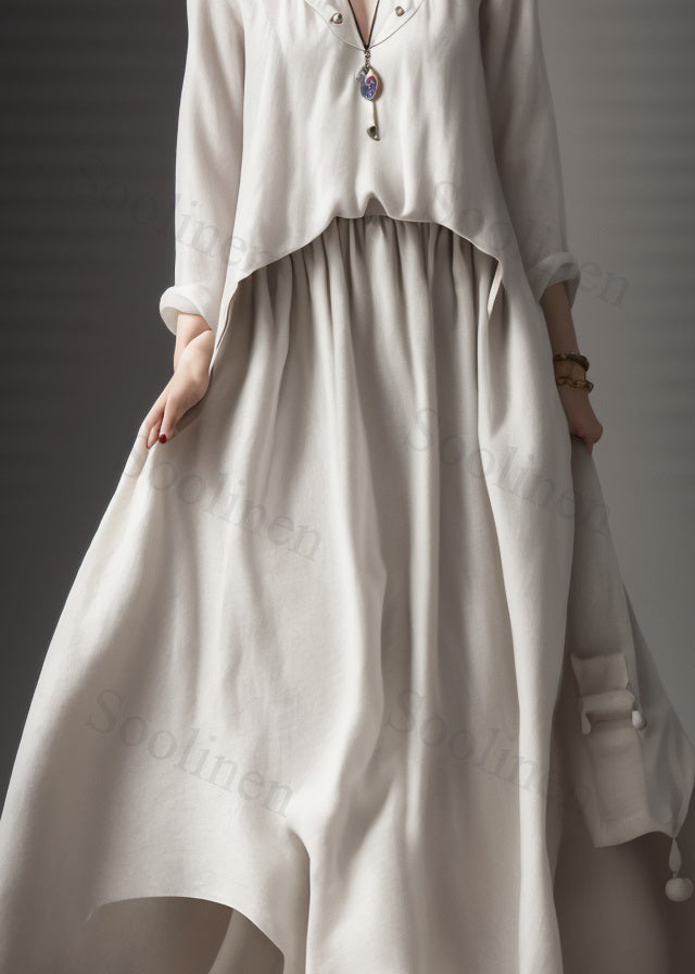 Classy Beige V Neck Wrinkled Patchwork Silk Maxi Dress Long Sleeve