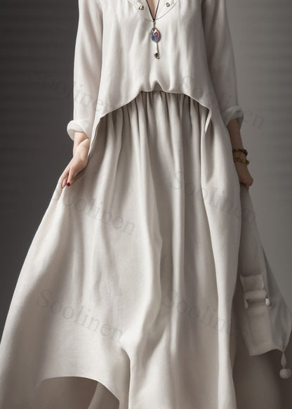 Classy Beige V Neck Wrinkled Patchwork Silk Maxi Dress Long Sleeve