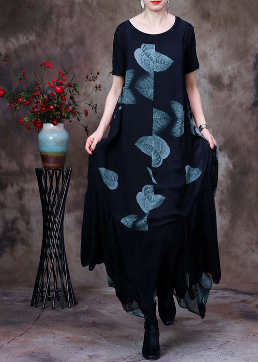Black Asymmetrical Print Chiffon Strap Dress and Tanks Two Pieces Set Summer
