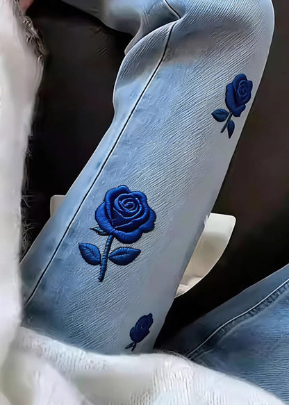 Classy Blue Embroidered Denim Straight Pants Spring