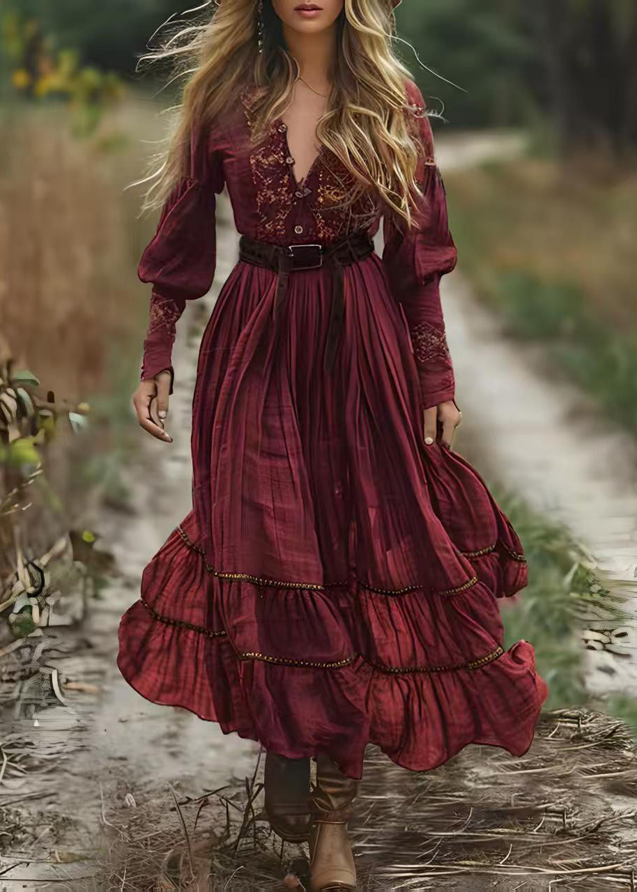 Mulberry V Neck Print Wrinkled Cotton Robe Dresses Spring