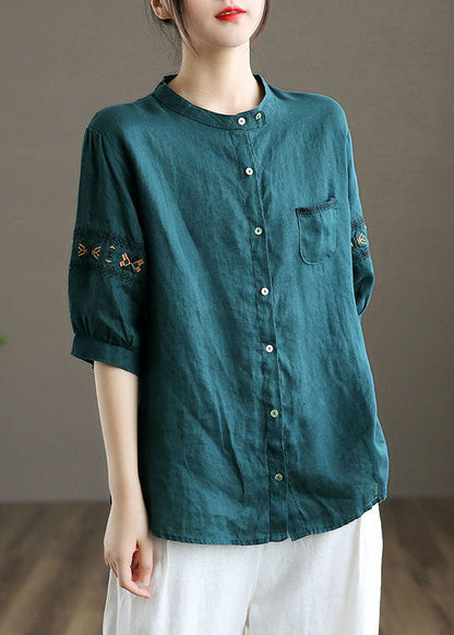 Peacock Blue Embroideried Patchwork Tops Half Sleeve