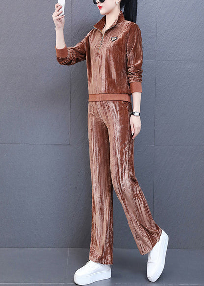 Unique Yellow Stand Collar Silk Velour Coats and Wide Leg Pants Two Piece Set Fall