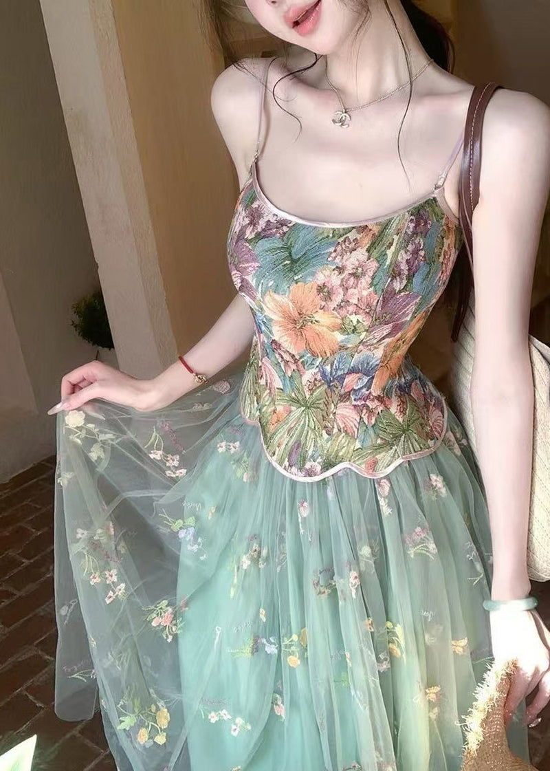 Green Print Tulle Vests and Skirts Two Piece Set Outfits Summer