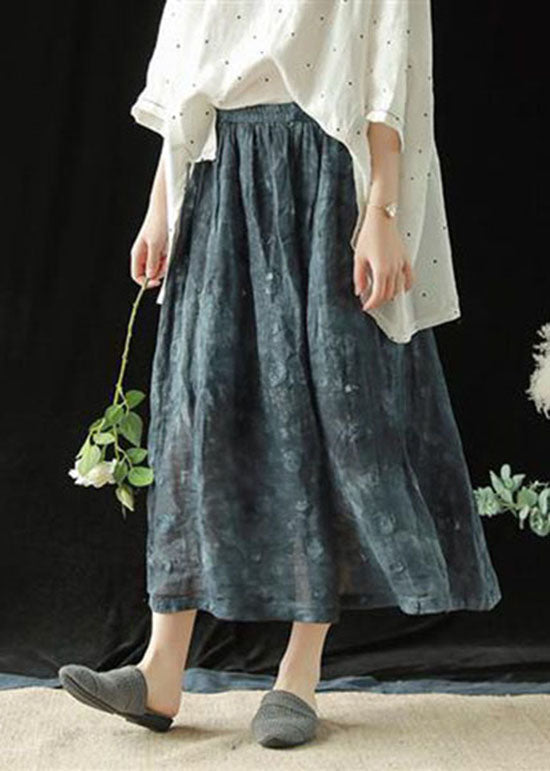 Navy Wrinkled Pockets Patchwork Linen Skirts Summer