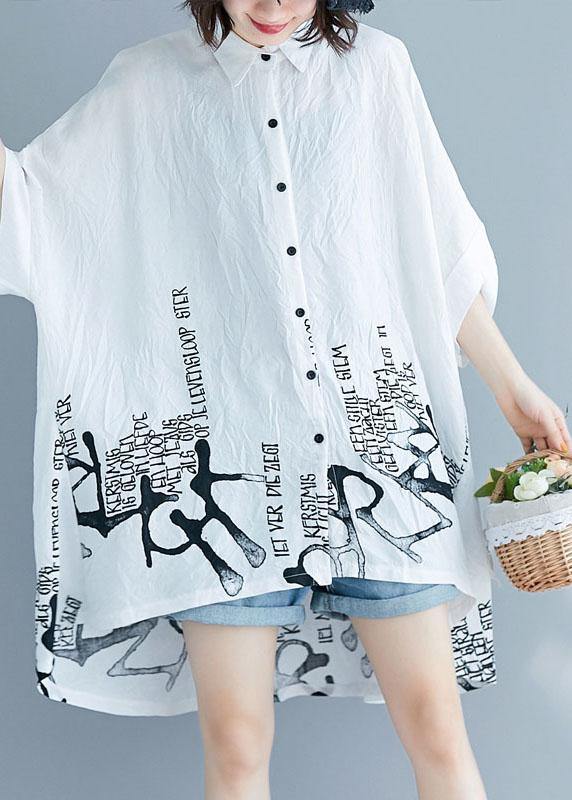 White Graphic Peter Pan Collar Cotton Tops Summer
