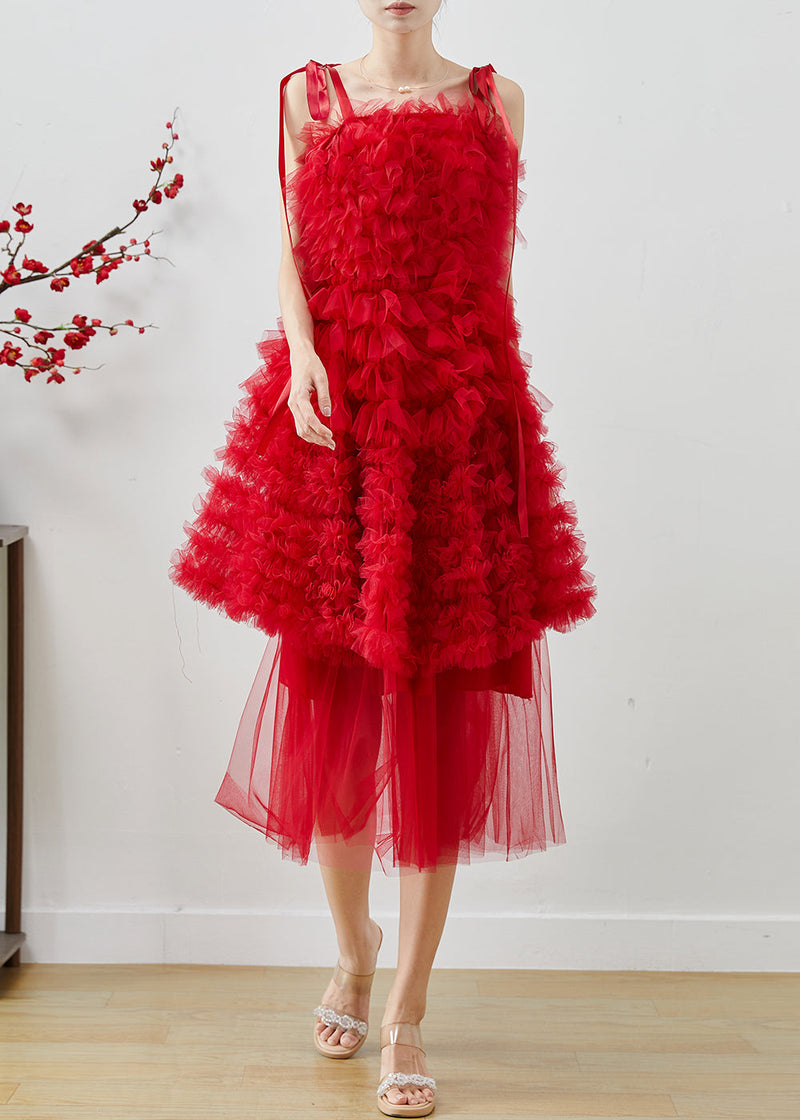 Red Ruffled Tulle Mini Dresses Summer