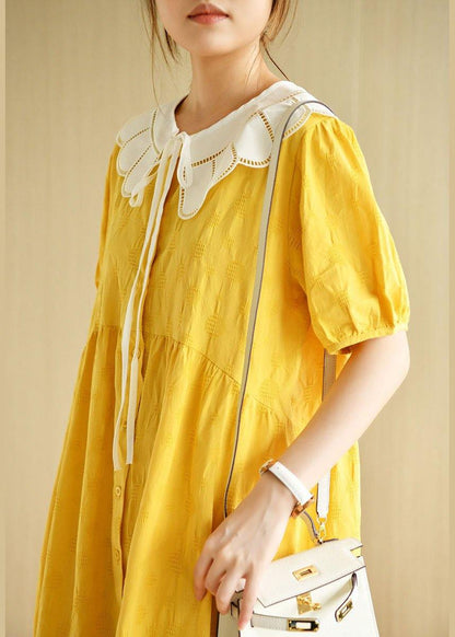 Yellow Button Patchwork Summer Cotton Short Sleeve Dress