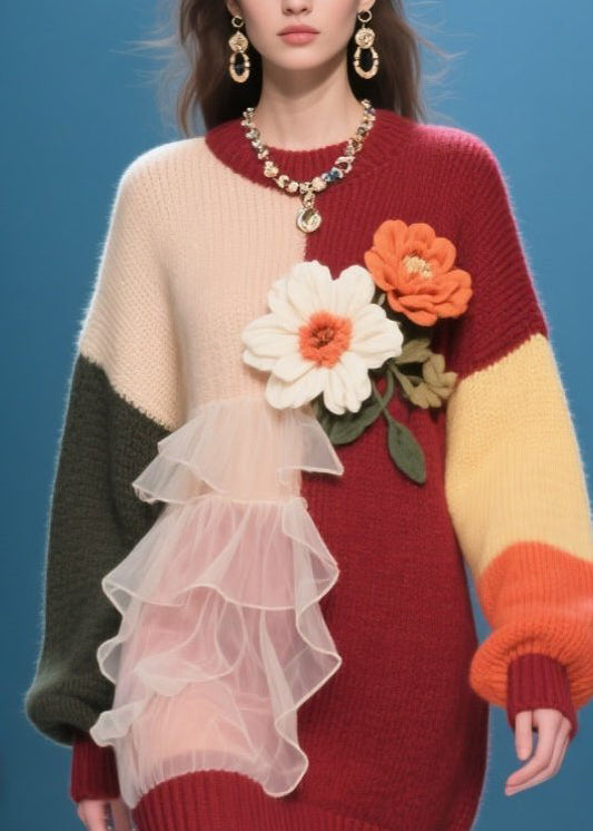 Modern O-neck Ruffled Knit Long Knit Dress Winter