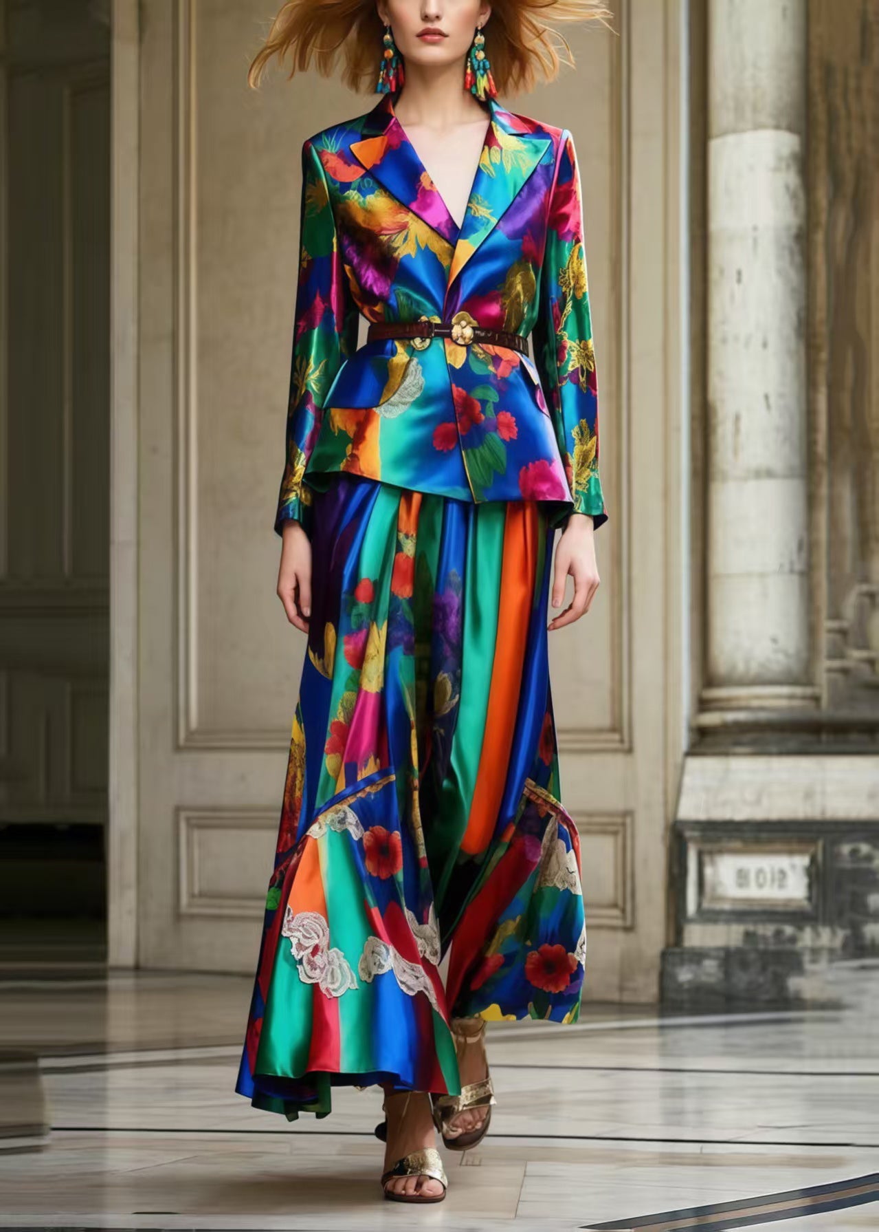 Original Design Tunic Print Silk Two Piece Set Clothing