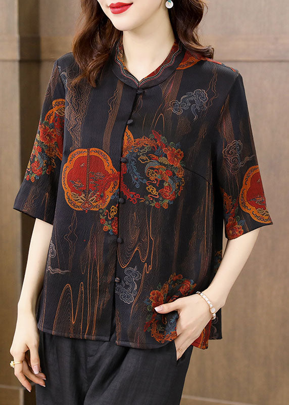 Retro Black Print Stand Collar Button Silk Blouse Top Half Sleeve