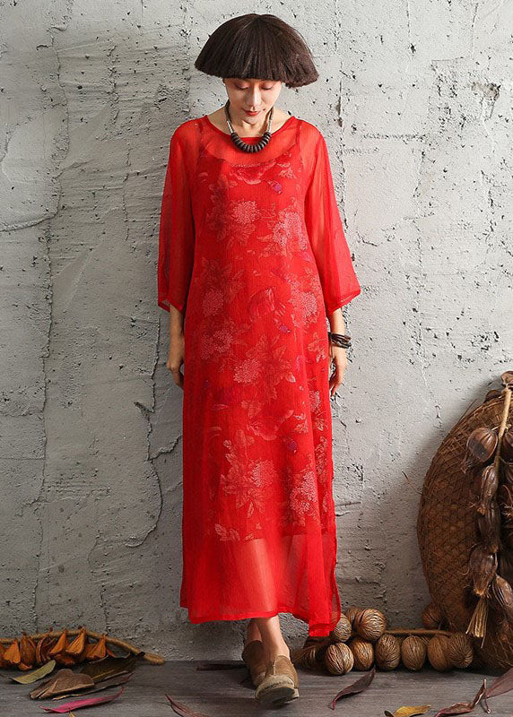 Red O-neck Print Cotton Two Pieces Set Spring
