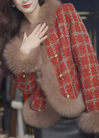 Red Fur Collar Plaid Patchwork Woolen Coats Spring
