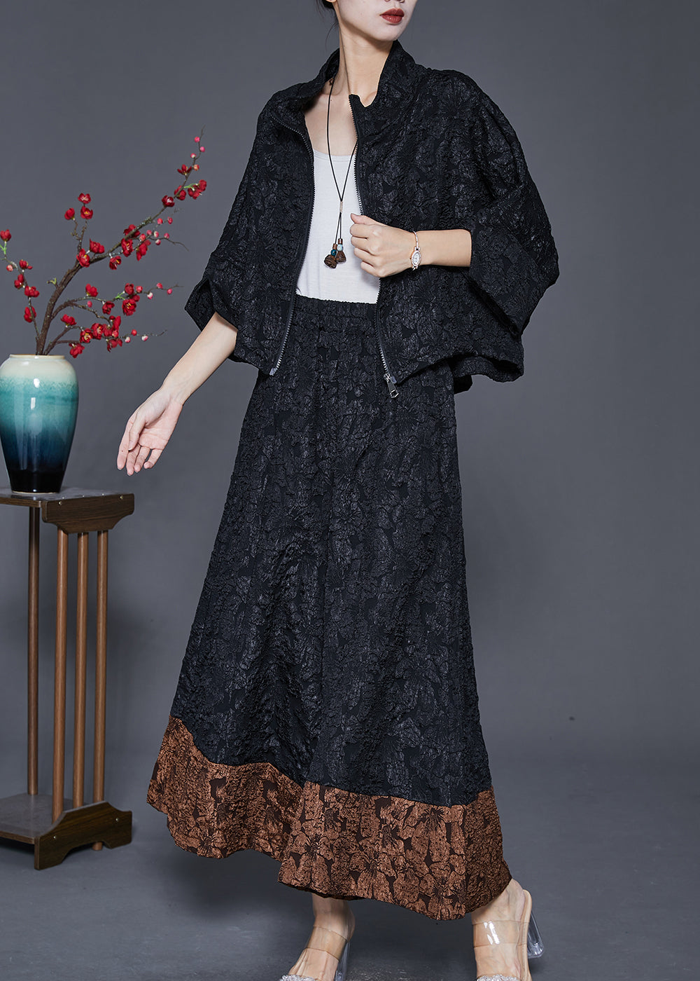 Black Oversized Patchwork Spandex Two Piece Set Outfits Spring