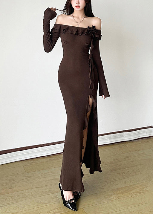 Silm Fit Brown Slash Neck Side Open Knit Party Dresses Spring