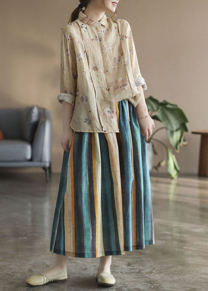 Color Stripe Striped Linen a Line Skirts Spring