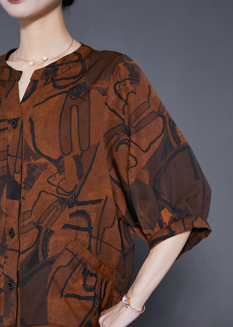 Boutique Coffee Print Pockets Silk Sets 2 Pieces Summer