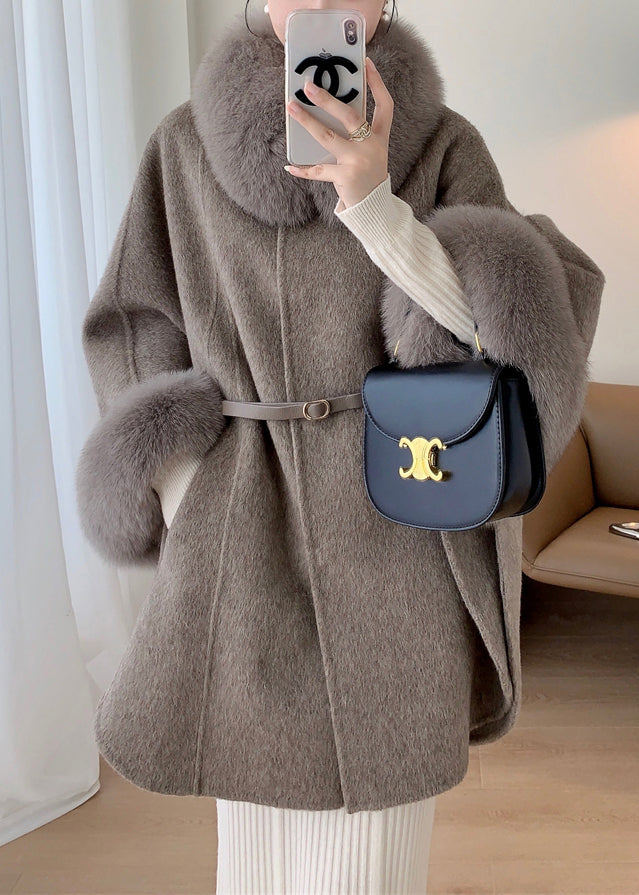 Grey Fox Collar Pockets Leather and Fur Coats Winter