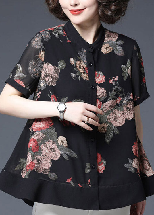 Black Stand Collar Button Wrinkled Print Chiffon Shirts Short Sleeve