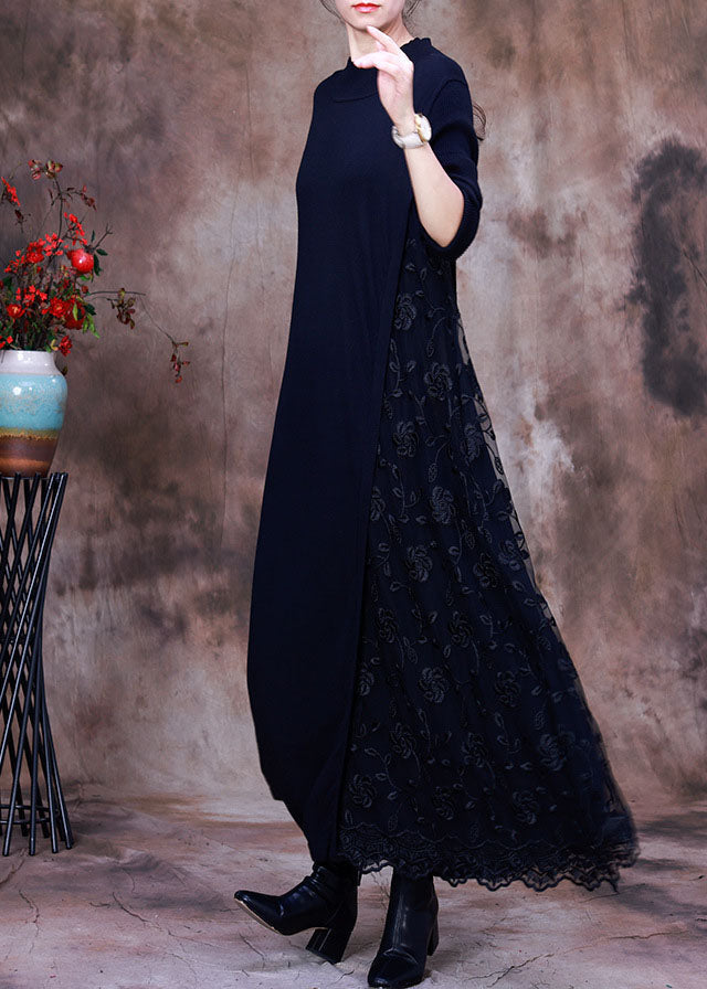 Diy Black Knit Patchwork Fall Long Sleeve Dresses
