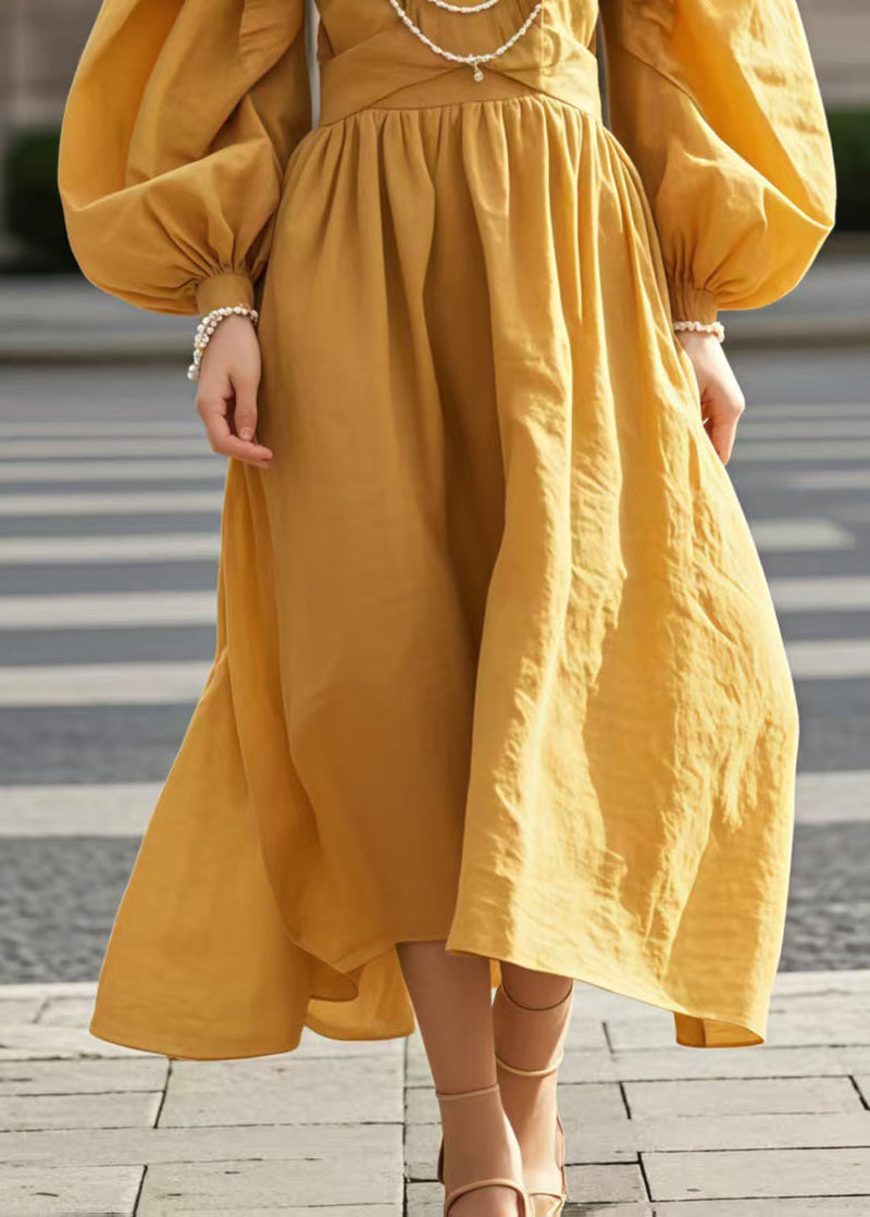 Yellow V Neck Wrinkled Cotton Party Dress Lantern Sleeve