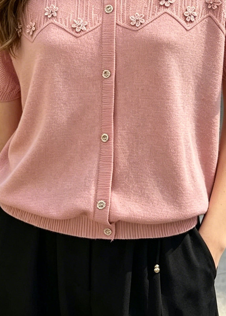 Style Pink O-neck Patchwork Flower Knit Top Summer