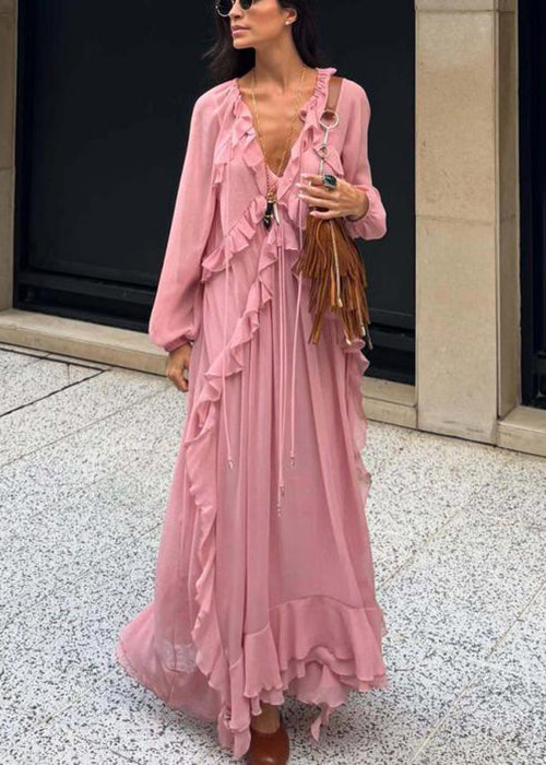 Pink V Neck Ruffled Chiffon Long Dress Fall
