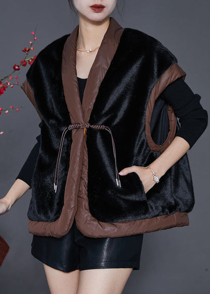 Black Chinese Button Patchwork Mink Velvet Vests Spring