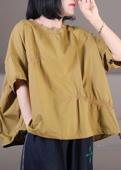Fine Yellow O-neck Wrinkled Oversized Cotton Loose Sweatshirts Top Short Sleeve